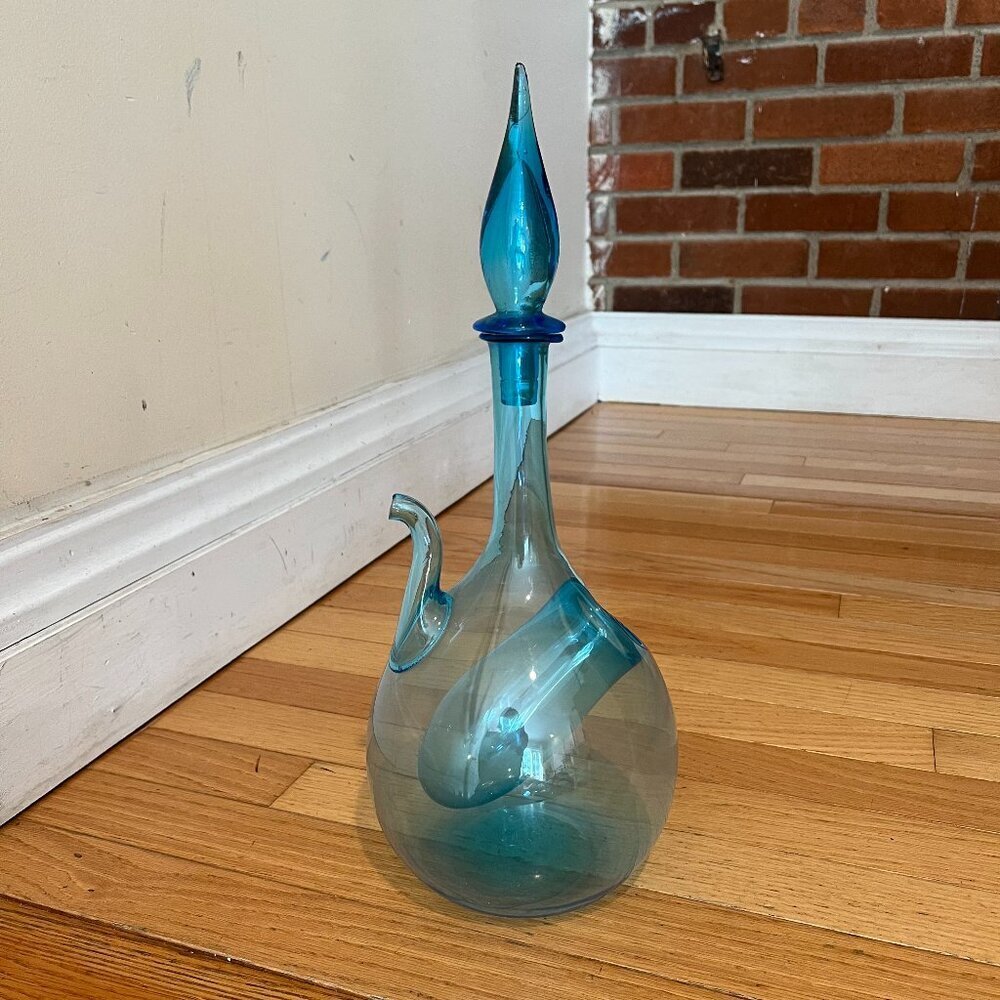 Vintage 1960's Bischoff Turquoise Pinched Center Glass Decanter With Stopper